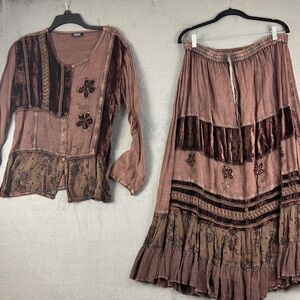 Magic Velvet Floral Mineral Wash Patchwork Blouse and Skirt Brown and Black